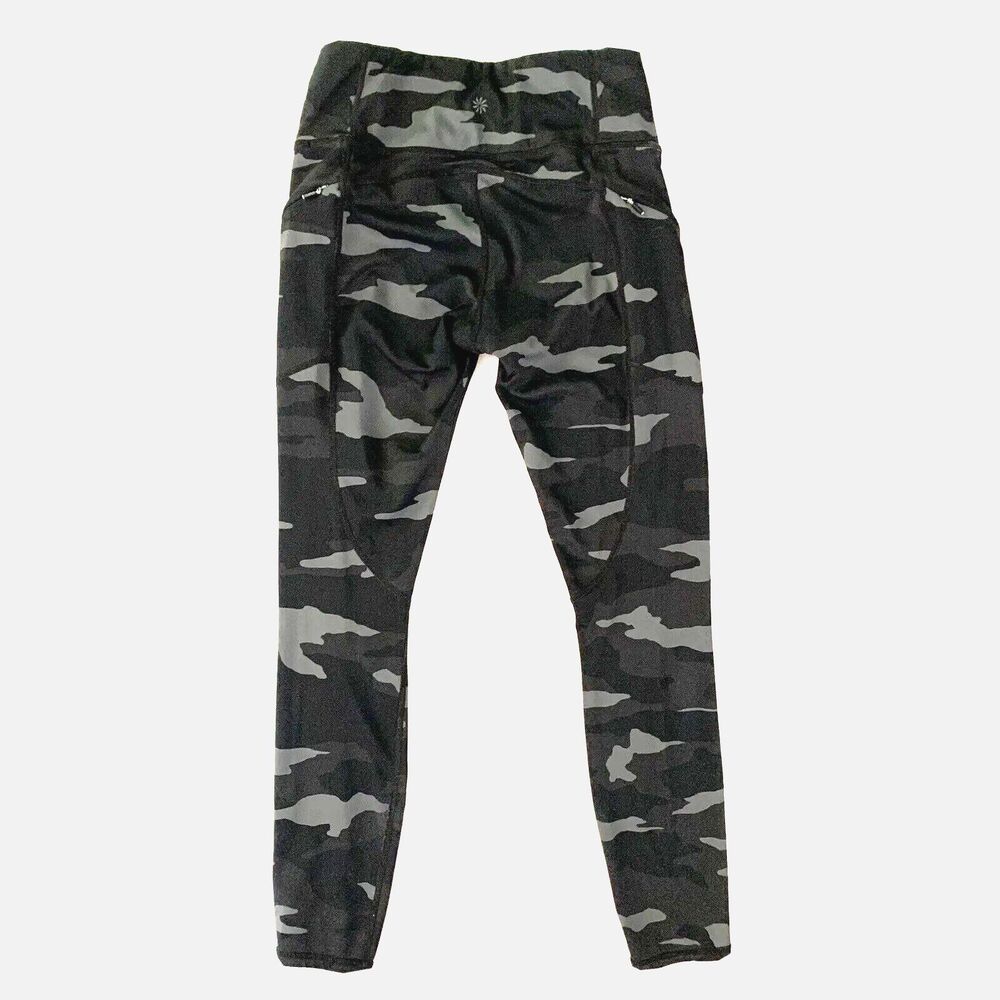 Athleta Camo Leggings XS Black Grey Contender 7/8 Tight Mid Rise Zip Pockets